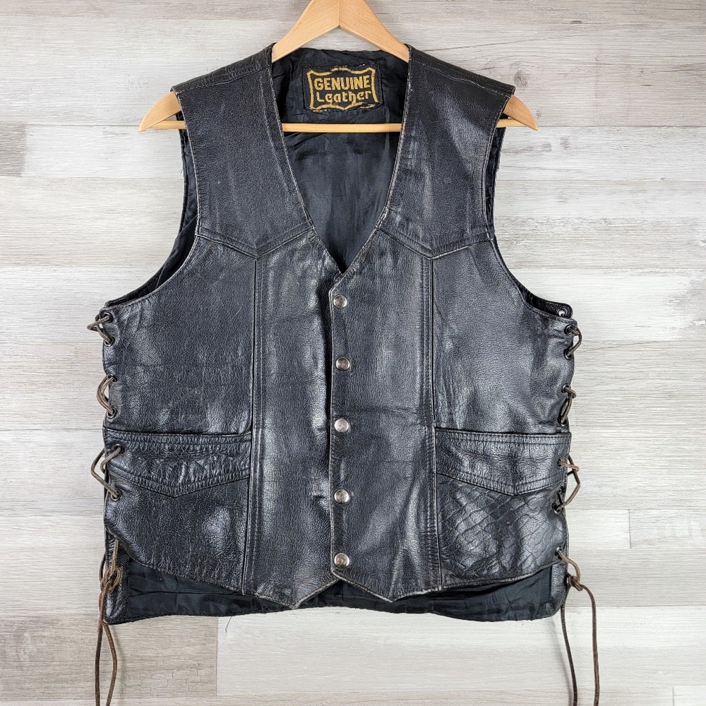 Vintage Genuine Leather Lace-Up Snap Button Motorcycle Vest Size Large